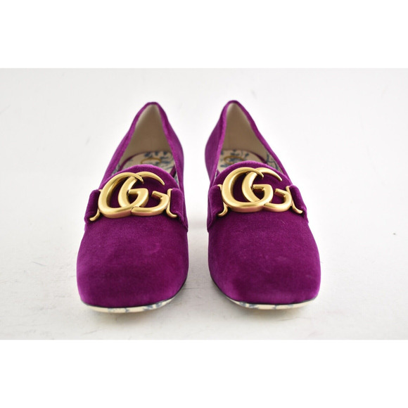 Gucci Victoire Fucsia Velvet Double GG Logo Block Mid Heel Mule Loafer Pump 36.5 - Picture 5 of 13